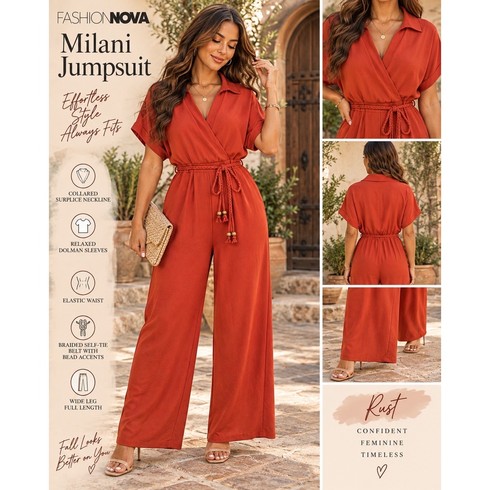 Fashion Nova Milani Jumpsuit Rust Orange Wide Leg Short Sleeve Large NEW